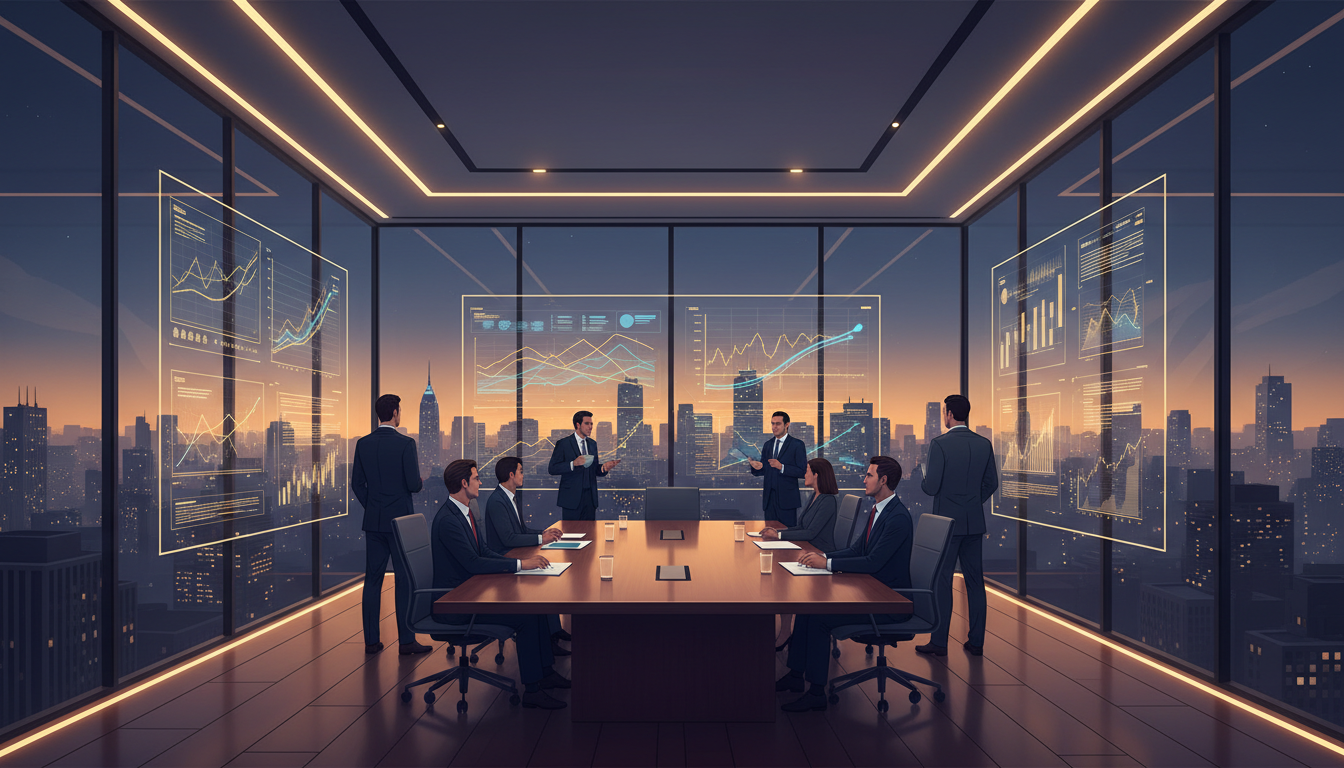 A sophisticated minimalist office boardroom with glass walls, showcasing executives analyzing data on a screen