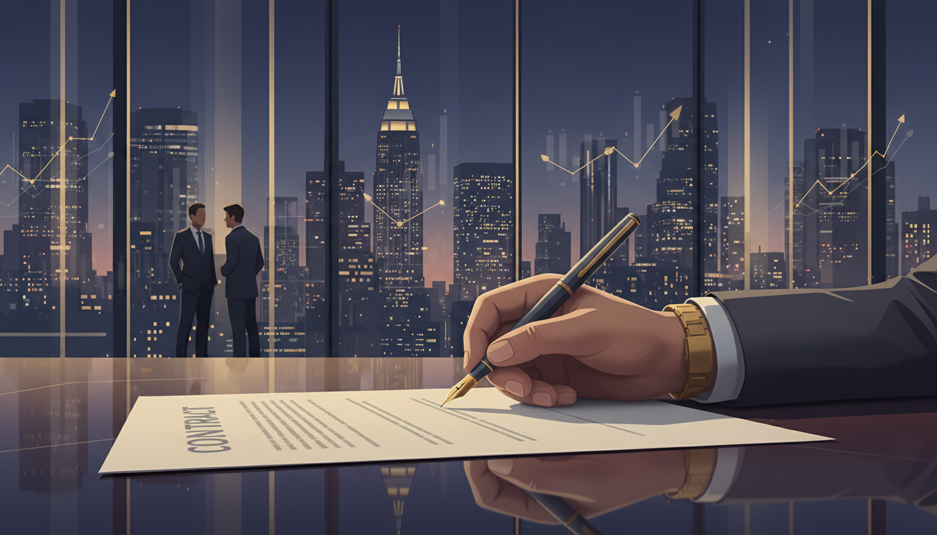 Close up of a hand holding a fountain pen signing a contract on a wooden mahogany desk