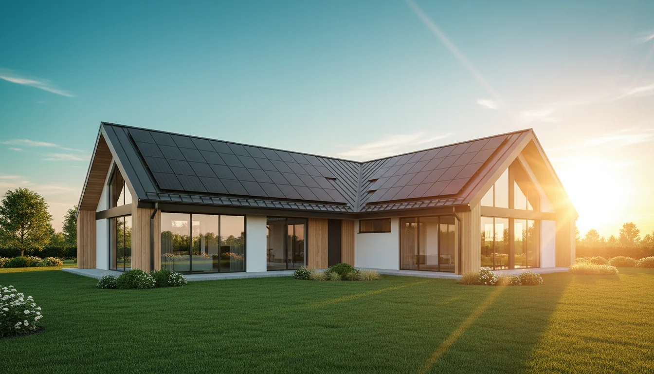Modern home with black solar panels at sunset