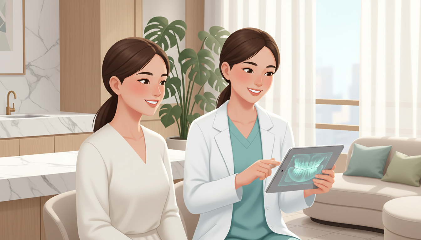 Close up of a dentist explaining a 3D digital scan to a smiling patient on a tablet