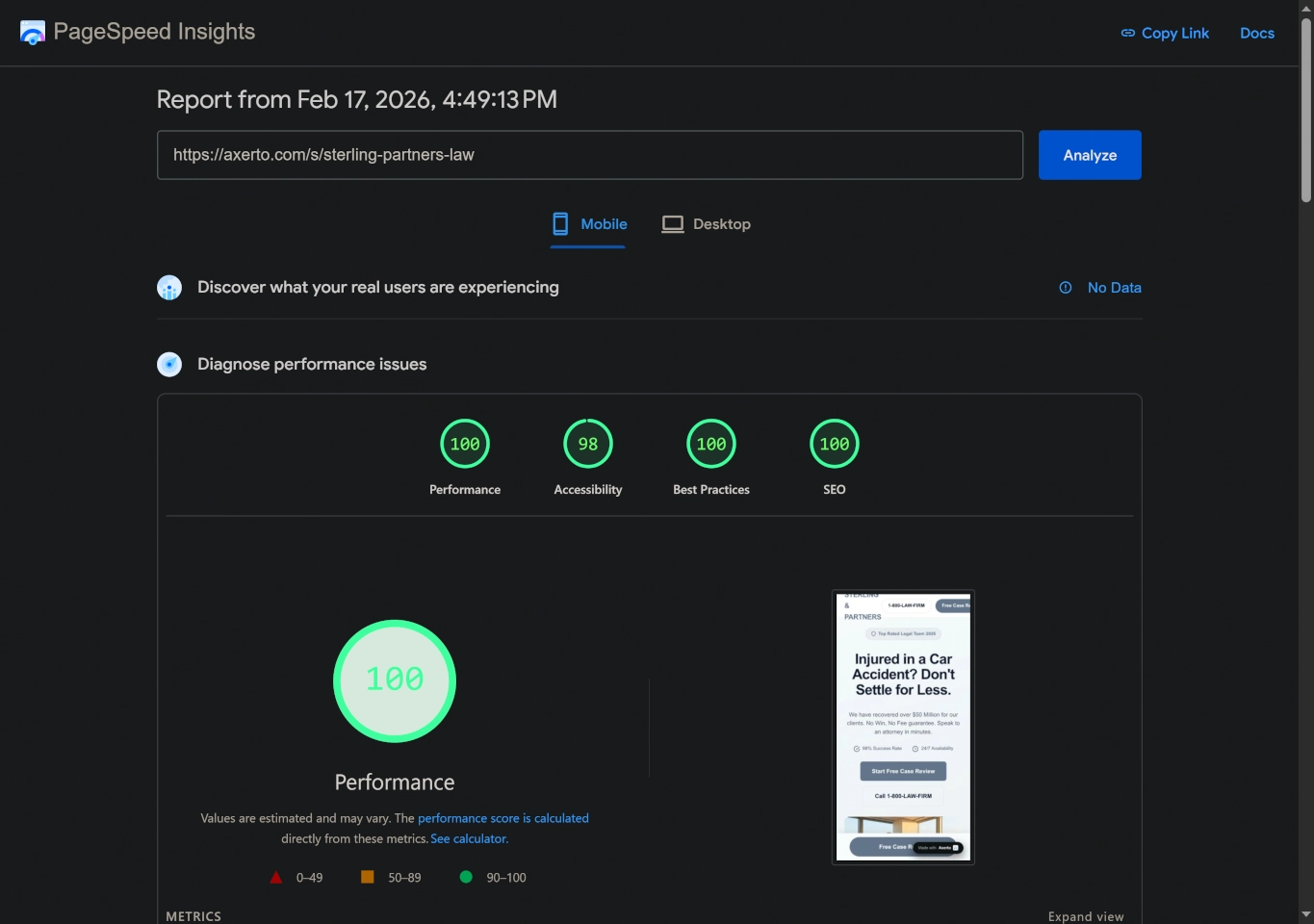 PageSpeed ​​Insights reytingi 90+ ​​unumdorlikni ko'rsatadi