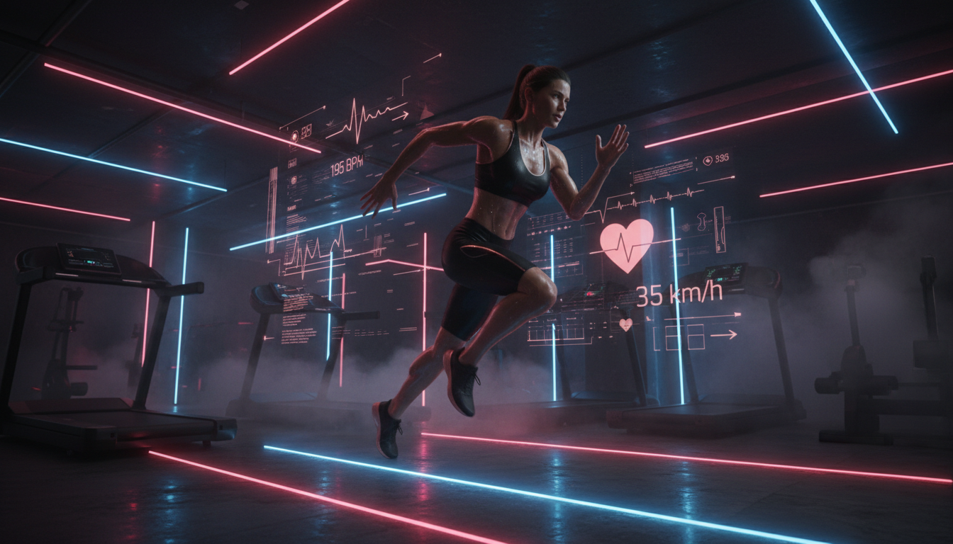 A high-intensity athlete sprinting in a dark, neon-lit gym environment with digital data overlays showing heart rate and velocity