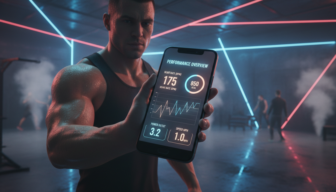 Cinematic close-up of an athlete holding a smartphone in a dark, neon-lit gym. The phone screen displays a glowing high-tech fitness tracking dashboard with heart rate graphs and performance metrics. Photorealistic, 8k resolution, cyberpunk atmosphere. IMPORTANT: All text and numbers on the phone screen must be sharp, legible English, not gibberish.